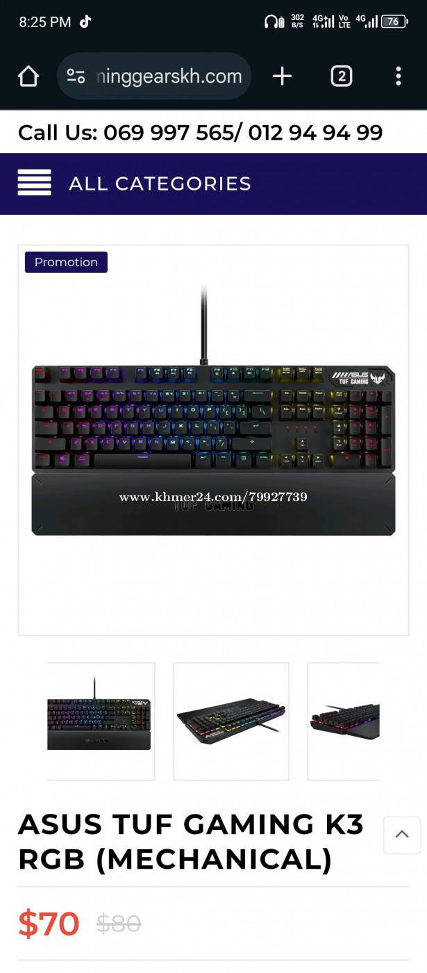 Gaming Keyboard Asus Tuf K3 Price 45.00 in Chak Angrae Kraom, Cambodia