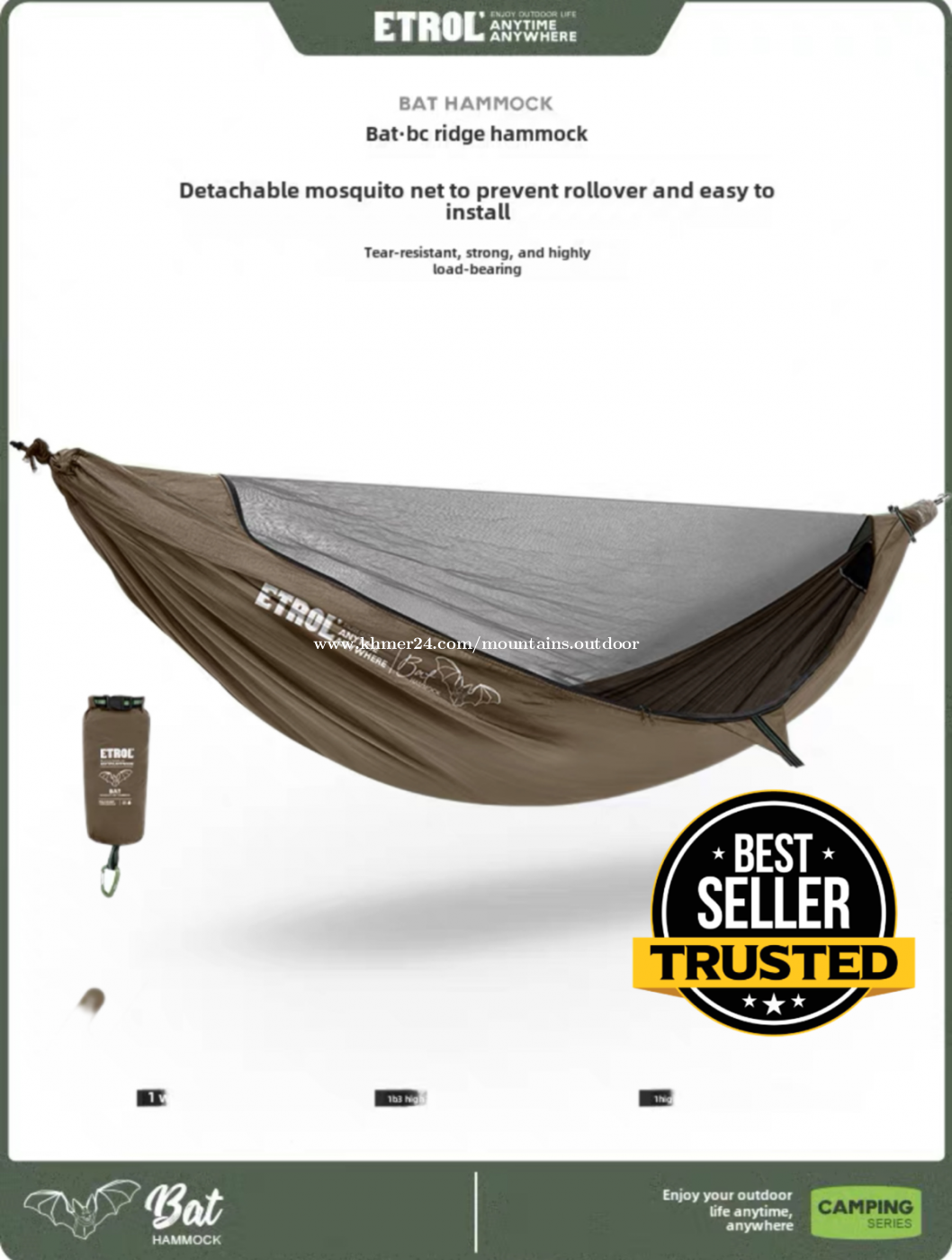 Etrol bat Lightweight Double Hammock Portable for Indoor Hiking Camping Backpacking Travel price 31.00 in Tuek Thla Saensokh Phnom Penh Cambodia MOUNTAINS Khmer24