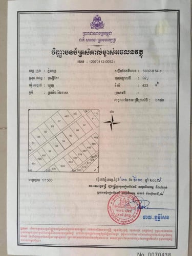 ដីលក់ផ្លូវកប់ស្រូវ ទំហំ 423m2