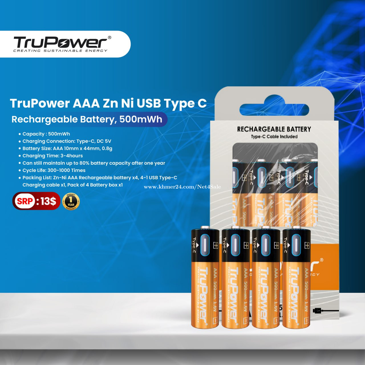 TruPower AA & AAA Zn Ni USB Type C Rechargeable Battery Price $1.00 In ...