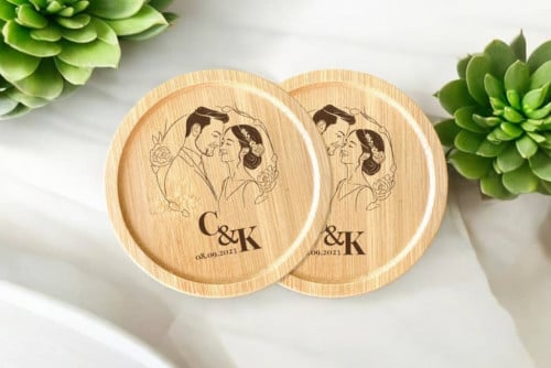 Custom Portrait Wooden Coasters with Photo & Initials