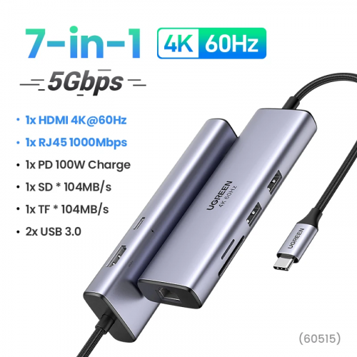 UGREEN 60515 Type-C 7 in 1 USB-C to 2*USB3.0 +HDMI 4K + RJ45 (Gigabit) + SD&TF +PD (100W)