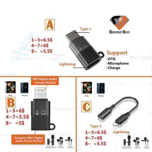 Lightning Audio Adapter Cable Converter wireless microphone Type c to iPhone iPad headset mobile
