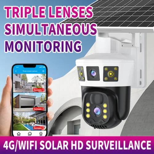 កាម៉េរាប្រើសូឡា ប្រើស៊ីមកាត មានភ្នែក៣ 4G Solar Camera 3 lens,3MP+3MP+3MP work with sim card