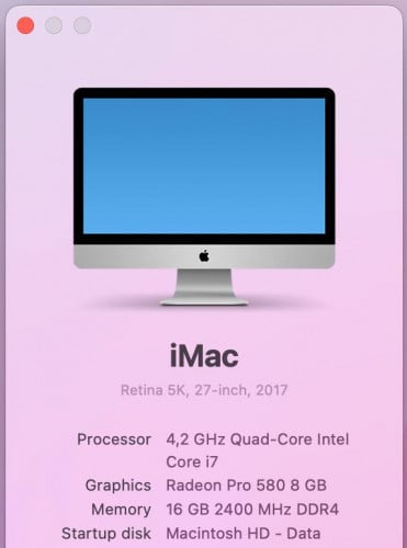 iMac 5k 27-inch, 2017  CPU: Intel Core i7 4.2GHz
