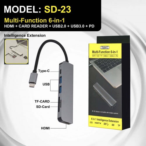 Multi-Function 6 in 1 Adapter (HDMI+Card Reader +USB2.0 +USB3.0+PD) Model: 23
