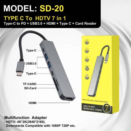 TYPE-C to HDTV 7 in 1 Adapter (PD+USB3.0+HDMI+Type C +Card Reader) SD-20