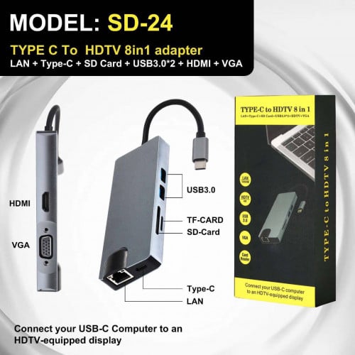 TYPE-C to HDTV 8 in 1 Adapter (LAN +Type-c +SD Card +USB3.0*2 +HDMI +VGA) Model: SD-24
