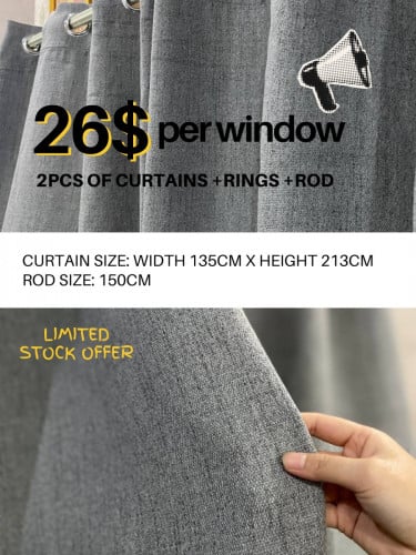 26$/per window (2pcs curtain + rings + rod)