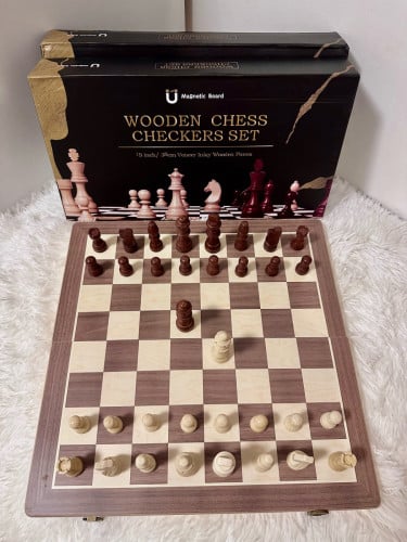 ក្ដារអុកឈើដែកឆក់ មាននាង ២ គ្រាប់- Magnetical Chess/Checkers set with 2 extra queens