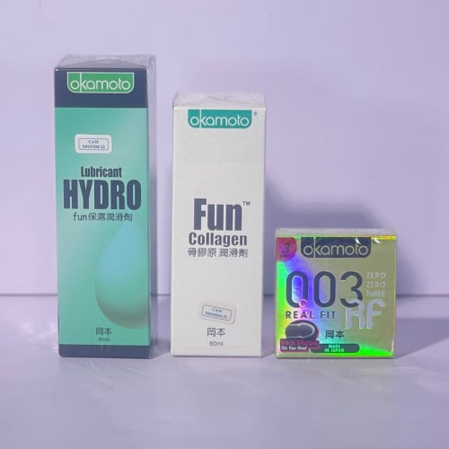 ស្រោមអនាម័យ Okamoto Fun collagen 60ml + Hydro 60ml + 003 Real fit
