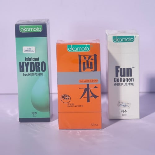 ស្រោមអនាម័យ Okamoto Fun collagen 60ml + Hydro 60ml + Orange 10’s