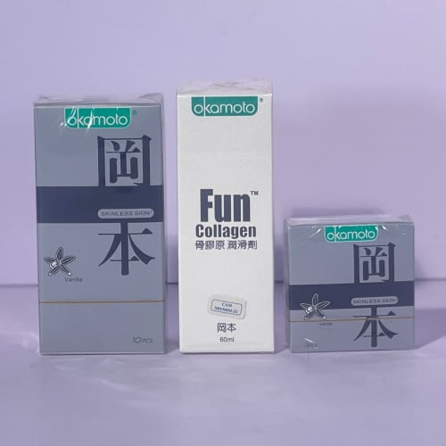 ស្រោមអនាម័យ Okamoto Fun Collagen 60ml + Vanilla 3’s + 10’s