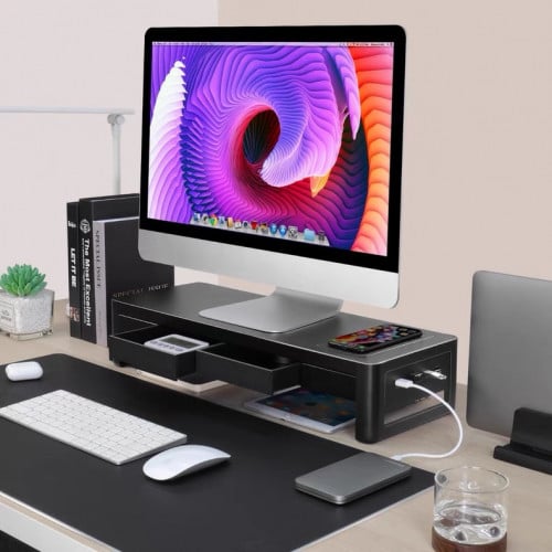 Monitor Stand with Drawer and mutiple Usb port + Wireless charging