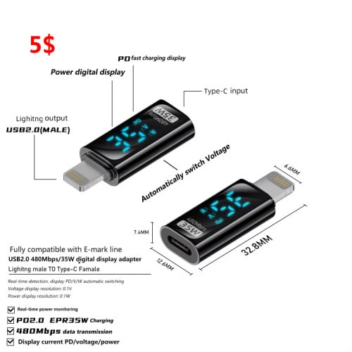 Lightning to Type-C Female 35W Charging Adapter with Digital Display (Black)