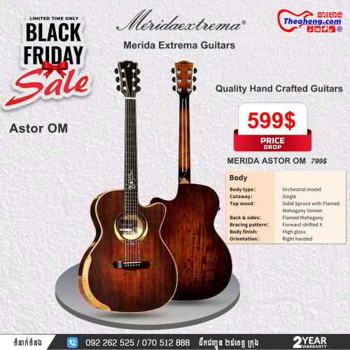 Merida គឺជាម៉ាកហ្គីតាដែលមានការផលិតជាពិសេសលើ ហ្គីតាដែលធ្វើដោយដៃ (handcrafted guitars)