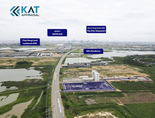 ដីកែងលក់ ស្ថិតនៅលើផ្លូវ 60m -ទំហំ :  1,2 ហិតា-តម្លៃ : 1,699$ /m2