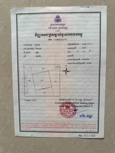 ដីលក់បន្ទាន់ ដីទំហំ26.5m x 26.5mស្មេីជ្រុងល្អ ផ្លូវធំ 12m