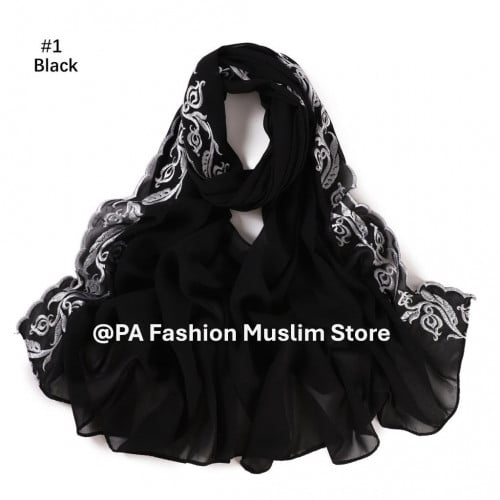 ក្រម៉ា សារ៉ូ ផ្កា រចនាបទ ម៉ូតថ្មីៗ ស្អាតៗ​-​Chiffon Hijab with Embraided Lace Edge