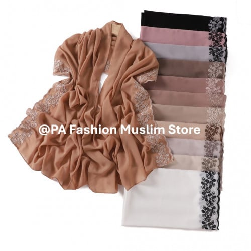 ក្រម៉ា សារ៉ូ ផ្កា រចនាបទ ម៉ូតថ្មីៗ ស្អាតៗ - Chiffon Hijab with Embroidered Floral Edge