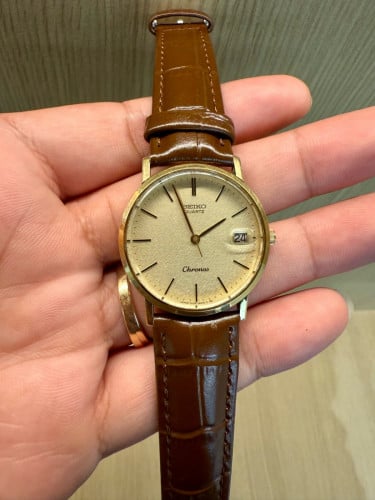 Original Ultra Super Rare Vintage SEIKO Chronos 18K Solid Gold Textured Dial Date 1983 - (Con-95%)