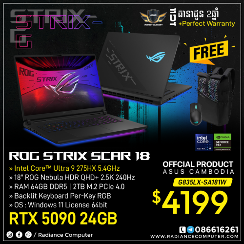 Asus Rog Strix Scar G835LX-SA181W RTX 5090 24GB Ram 64GB Storage 2TB Nvme