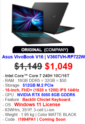 Asus VivoBook V16 | V3607VH-RP722W