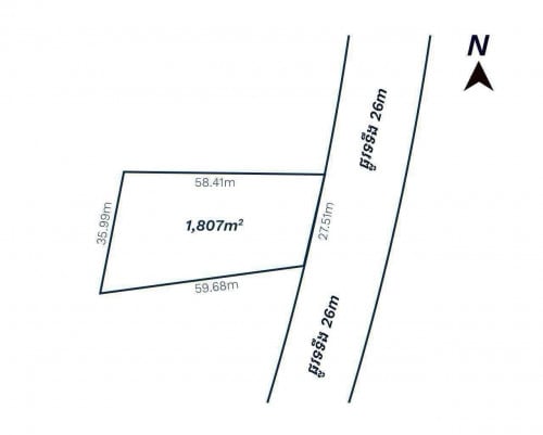 ដីលក់ ចុះពីលើផ្លូវ 60m បន្តិច-ទំហំ :  1,807 ម៉ែត្រការ៉េ-តម្លៃ : 1,350$ /m2