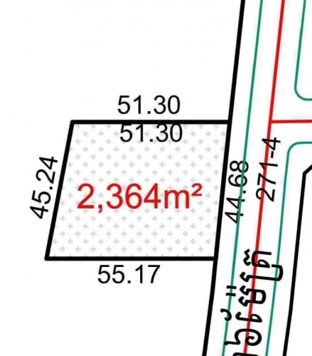 ដីលក់ ចុះពីលើផ្លូវ 60m បន្តិច-ទំហំ :  2,364 ម៉ែត្រការ៉េ-តម្លៃ : 1,250$ /m2