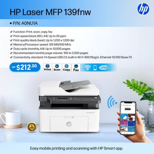 HP Laser MFP 139fnw printer