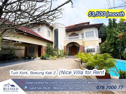 Tuol Kork, Boeung Kak 2 🏡 Villa for Rent 🏡Price: $3,500