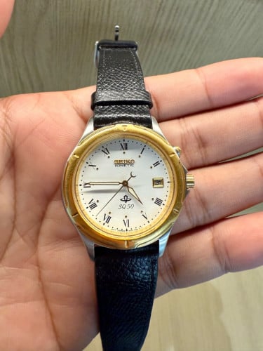 Original Ultra Rare Vintage SEIKO KINETIC SQ50 Two-Tone White Dial 1994 - (Condition 90%)