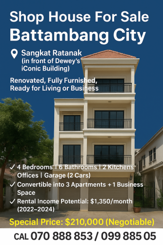 ផ្ទះ2ល្វែង (Shop House) សម្រាប់លក់ នៅក្រុងបាត់ដំបង