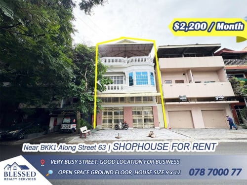 Near BKK Market 💥 Shophouse for Rent 💥💰 Price: $2,200 / month