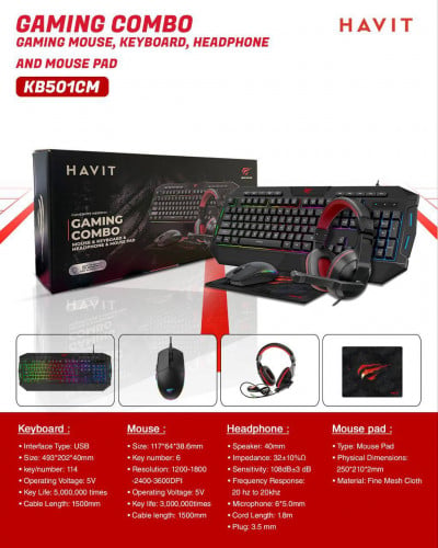 Gaming Combo Set Mouse x Keyboard x Headphone x Mouse Pad