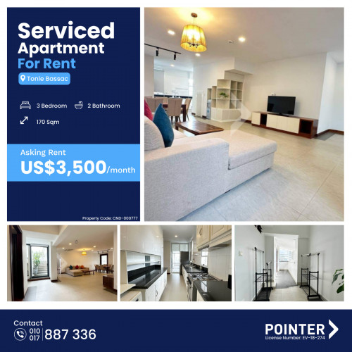 Spacious 3 Bedroom Apartment for Rent in Tonle Bassac