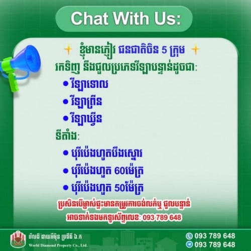 ខ្ញុំមានភ្ញៀវជនជនចិន៥ក្រុមរកទិញ និងជួលប្រភេទវីឡាទោល
