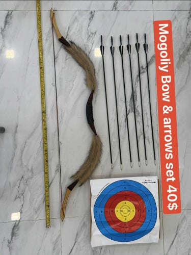 Mongolian Bow & Arrow Set – $40Traditional-style bow with 6 arrows + target sheet