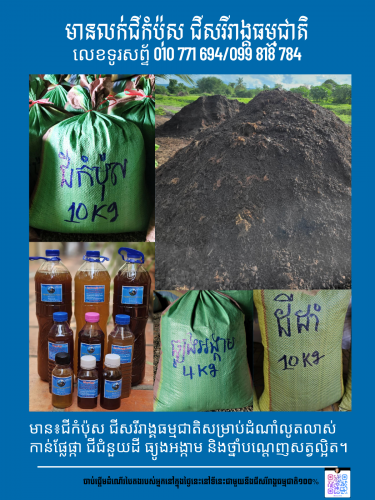 មានលក់ជីកំប៉ុស ដីដាំដំណាំ និងជីសរីរាង្គទឹកសម្រាប់តំណាំលូតលាស់ល្អ និងចេញផ្លែផ្កាច្រើន