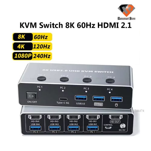 KVM Switch 8K 60Hz HDMI 2.1 USB 3.0  for 4 PCS USB share