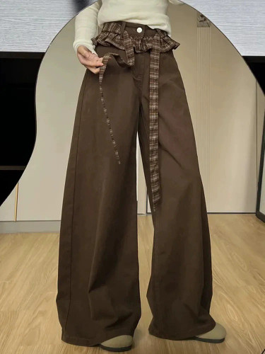 Dark Brown Extra Wide Leg Trousers - High Waist Ruffle Peplum Detail