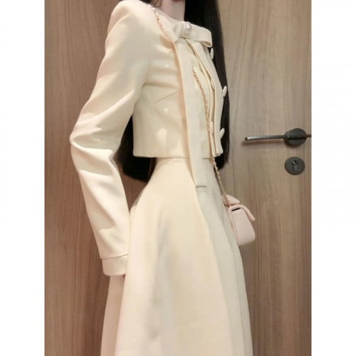 Formal/Preppy Two-Piece Skirt Set - Ivory Cropped Blazer and Mini Skirt