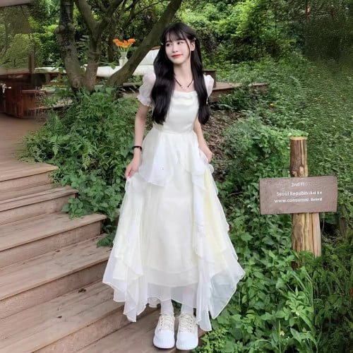 Romantic White Ruffle Dress - Square Neck Puff Sleeve Fairy Dress