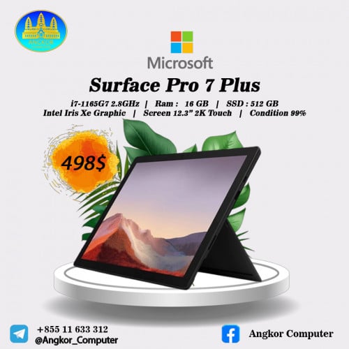 Microsoft Surface Pro 7 Plus  i7-1165G7 Ram 16 GB /SSD 512 GB  12.3” 2K Touch Screen $498