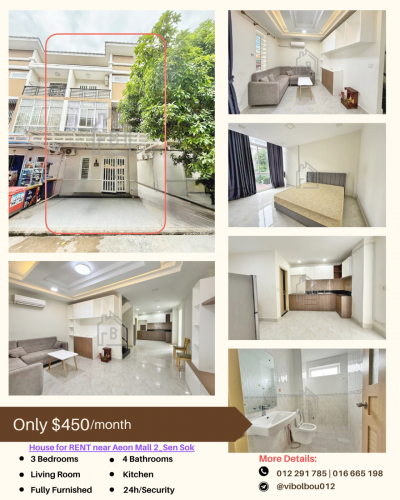 Townhouse 3 Bedrooms for RENT near AEON Mall2_Sen Sok