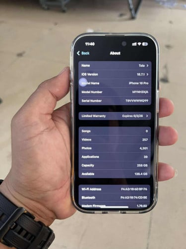iPhone 16Pro 256G X/A នៅធានា 99%