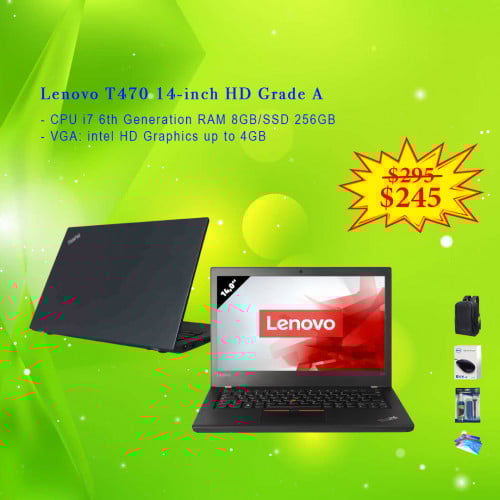 Lenovo ThinkPad T470 Screen HD 14-inch Core i7 6th RAM 8GB SSD 256GB VGA intel HD