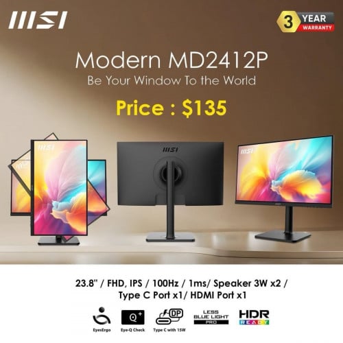 Monitor Modern MD2412P Brand MSI 100Hz អេក្រង់ស្មើថ្មីប្រអប់ ធានា1ឆ្នាំពេញ  😍❤️