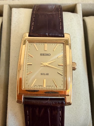 Seiko Men's Solar Quartz Champagne Dial Brown Leather Watch