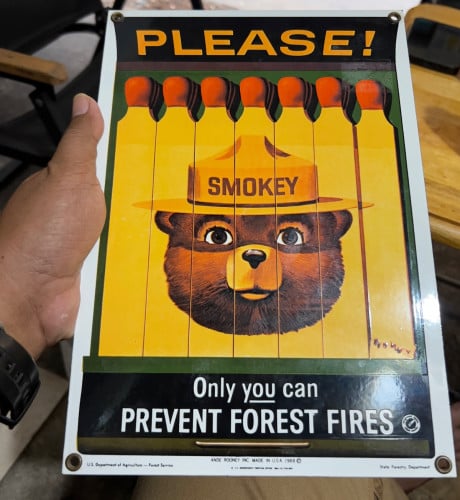 Made in USA 🇺🇸 Smokey Bear Porcelain Enamel Sign: Ande Rooney Vintage Advertising, 1988